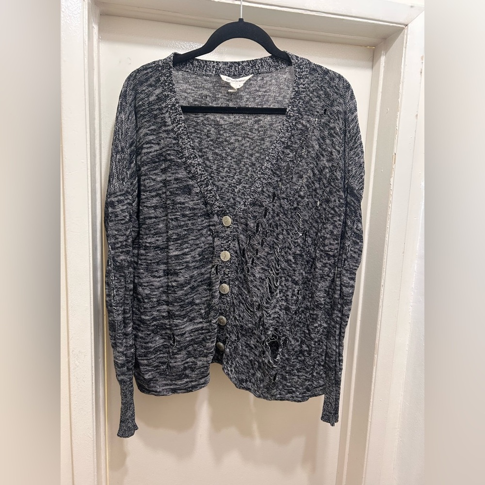 BCBGeneration Cardigan Sweater Womens S Linen Marled Black Button Front Relaxed